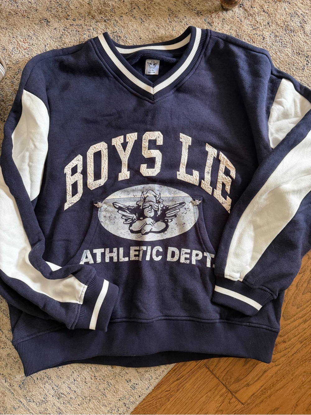 Boys Lie Navy and White V-Neck Athletic Sweater
